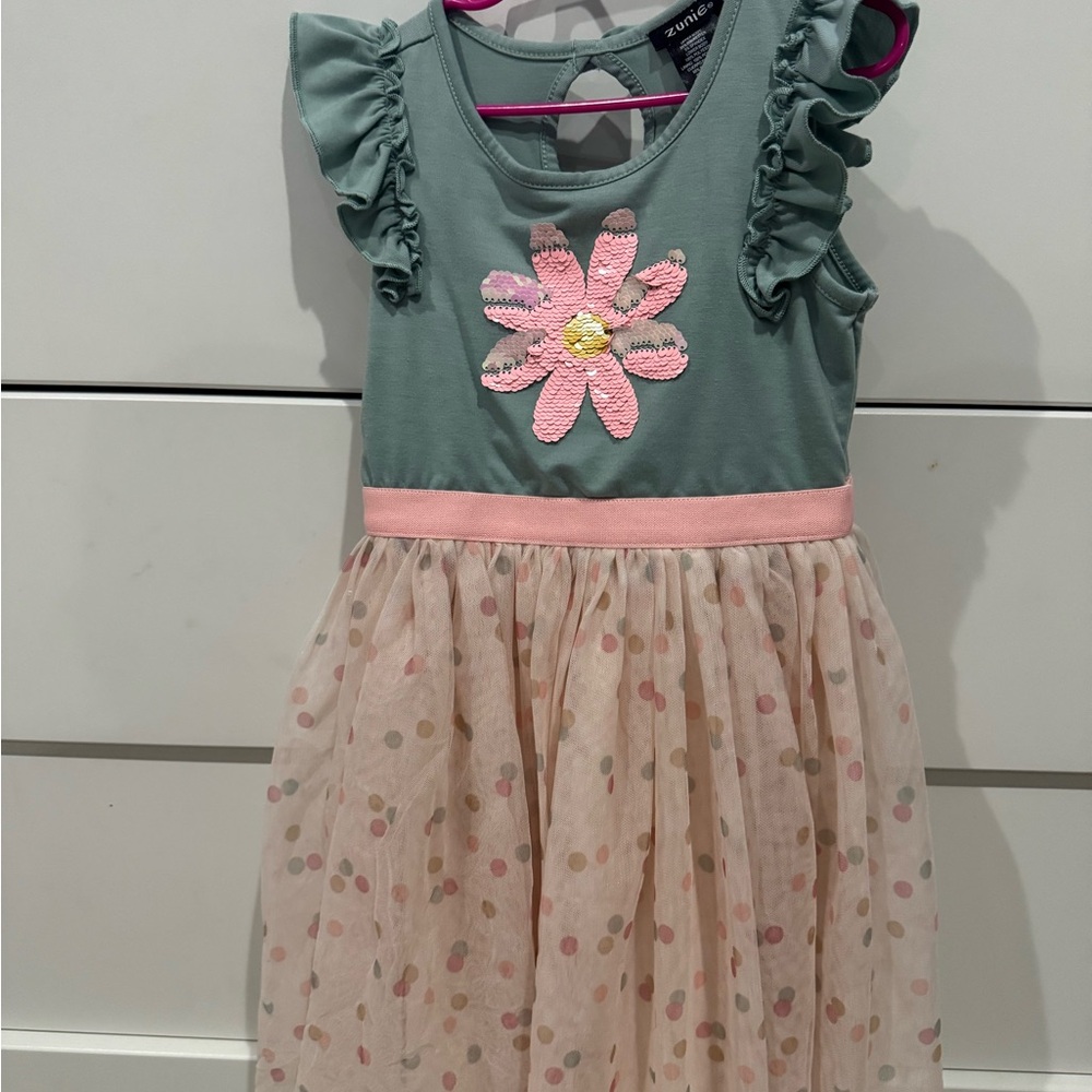 Zunie Green and Pink Floral Ruffle Dress